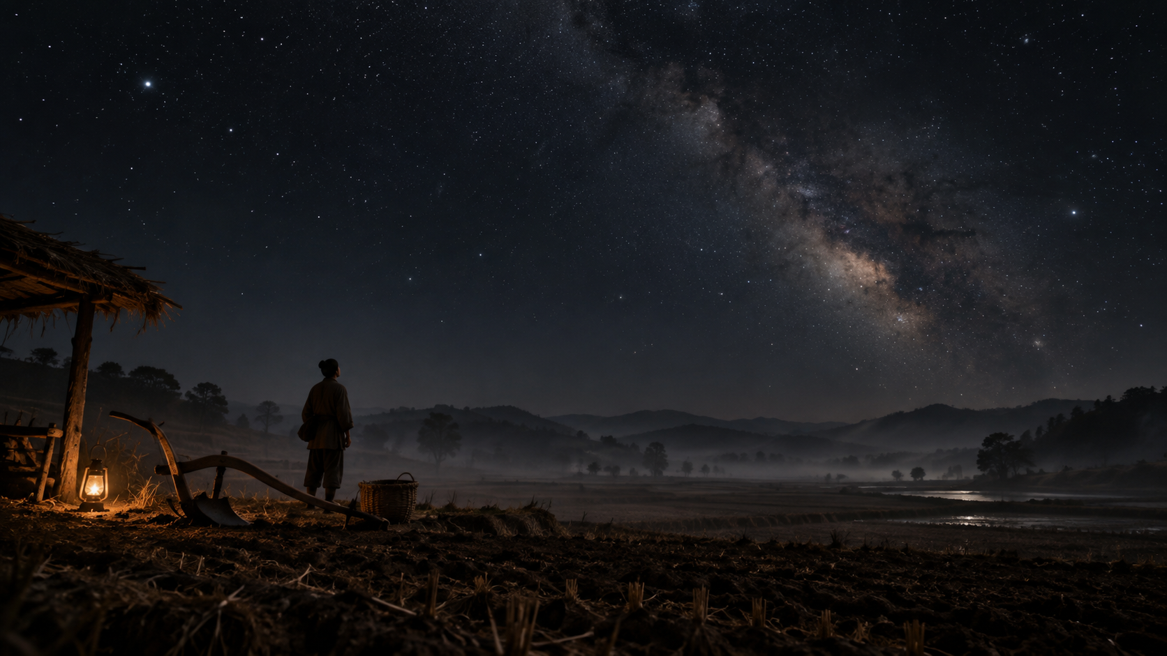 夜空下，人站在田野与农具之间观察星象
